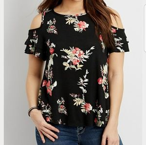 Floral black cold shoulder top